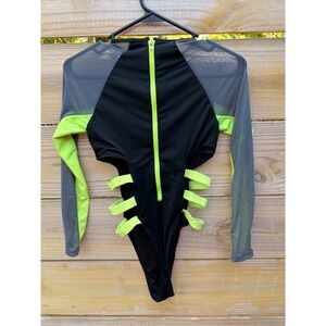 Icon Swim Bodysuit XS Black Neon Green Long Sleeve Mesh Cut Out Rave Festival